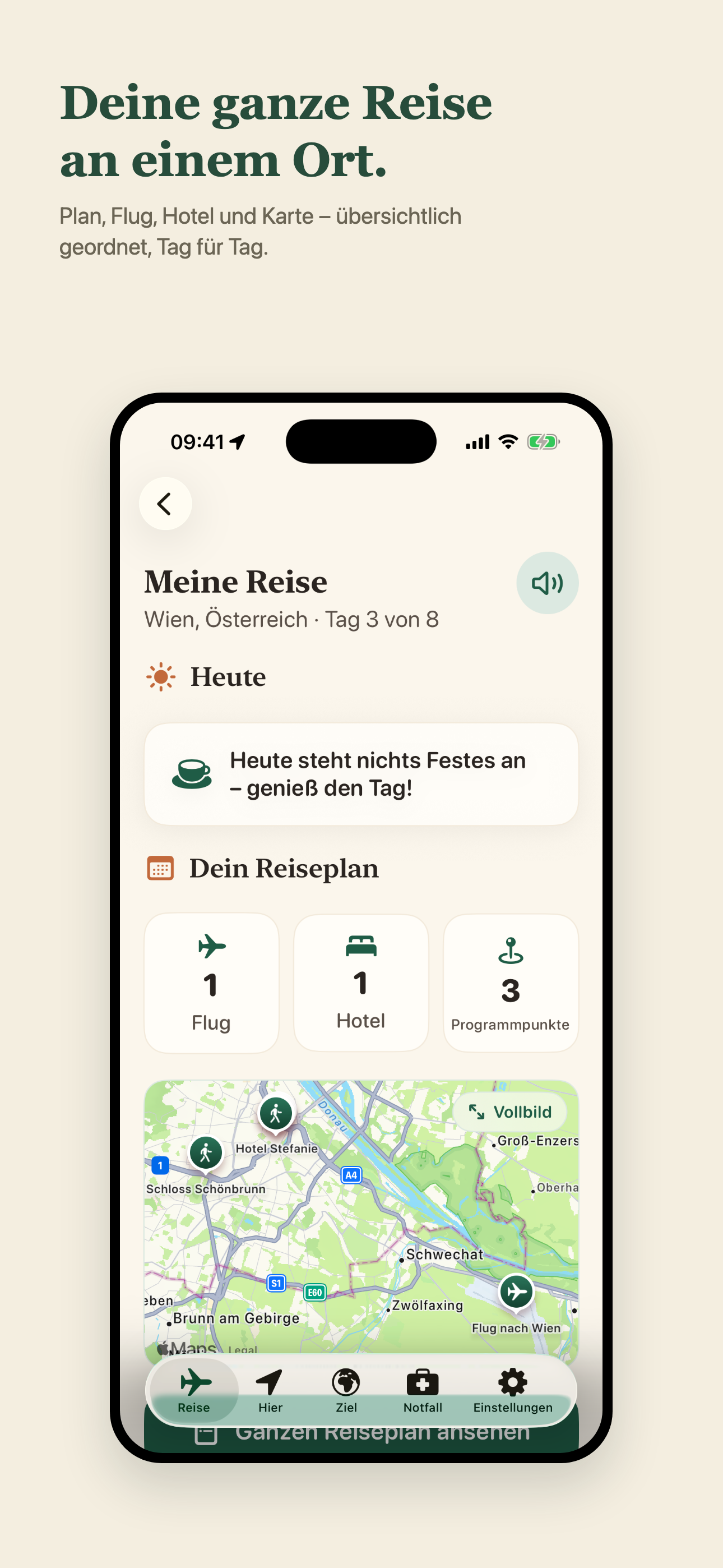 Meine Reise – Plan, Flug, Hotel und Karte